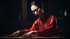 (3/4)年轻女子穿着传统服装，在黑暗的房间里演奏一种古老的东方乐器，以国家地理照片的风格呈现，传统越南风格，明朝时期，柔和、浪漫的场景，红色和青铜色，明亮而梦幻的场景，写实风格的场景(AI绘图来自WeDraw.art)