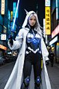  hubg\(mecha_girl)\,weapon, long_hair, hood, sword, hood_up, white_hair, katana, sheath, yellow_eyes, multiple_views, cyberpunk city_background, holding the beam sword, black_pants, pants, crown, very_long_hair, standing, jacket, sheathed, glowing, white_
