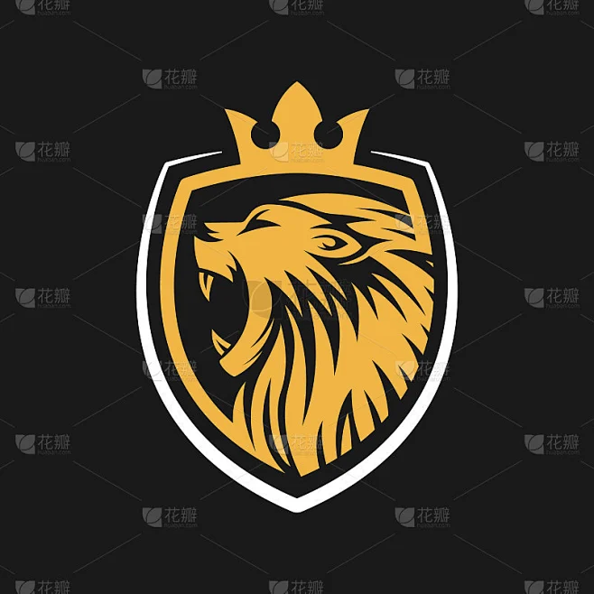 咆哮的狮子标志向量设计插画。豪华咆哮狮头标志设计模板。摘要狮冠标识矢量设计。素材-花瓣网