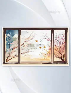 AI绘画横版春天窗边景色水彩插画