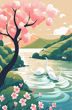 AI数字艺术创意下小溪鸭子立春插画