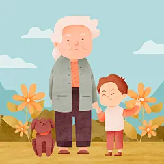 卡通水彩老人夫妻关爱爷爷奶奶老年生活温馨手绘插画ai设计素材-淘宝网