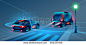 Autonomous smart bus and car rides through the night city. Smart bus scans the road and goes without a driver. Smart bus recognize road signs, lane markings and pedestrians at the crosswalk. VECTOR