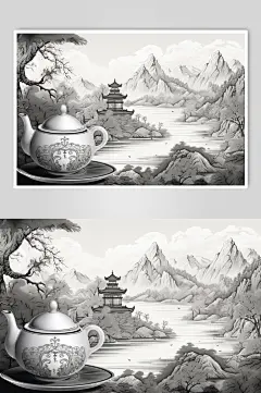 AI数字艺术复古铜版画茶园茶叶插画-众图网