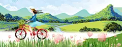 郊外风景插画banner_新图网 https://ixintu.com 花朵 花卉 与春天私奔 春季出游海报 淘宝天猫 旅游海报 骑单车的美女 郊外风景插画 钜惠双十一 钜 开心
