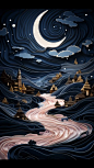 starry sky and village on blue paper, art nouveau style, flowing lines, futuristic, illustration, swirling swirls, detailed, colorful, 16k,