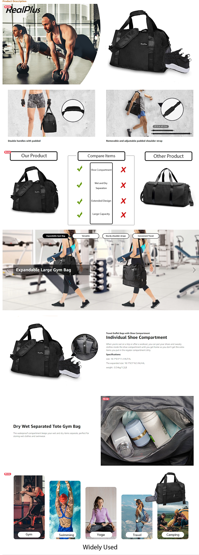 Gym Bag for Men and Women, RealPlus 31L/44L Expandable