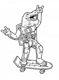 玩滑板恐龙霸王龙宇航员黑白线稿科幻插画矢量图素材