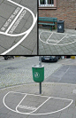 basketball court sticker placed around garbage cans to make throwing out litter a game twisted sifter.com