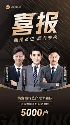 金融银行签户团队业绩表彰喜报贺报多人黑金奢华风手机海报