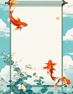 国庆中秋古风手绘插画古风空白卷轴和锦鲤 （仅供交流学习非商用）