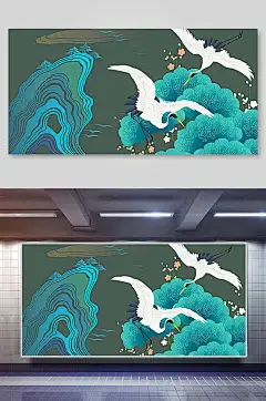 清新素雅手绘风创意绿仙鹤国潮背景
