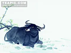 [坐在草地向左看的牛水墨画]