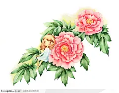 手绘童话素材芙蓉花上的拇指姑娘