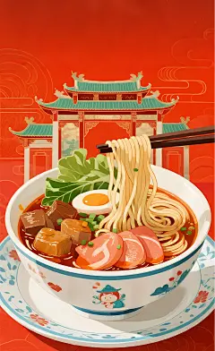 jimeng-2025-07-14-6750-厦门沙茶面传统国风与现代插画的结合，创意构图，色彩鲜艳，