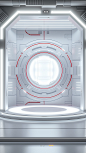 A simple sci-fi style design, high-end futuristic sense. In the middle, there is a circular display stage with technological elements, decorated with white light effects. Geometrical shapes made of glass materials similar to laboratory equipment. Lab styl