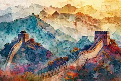 彩绘长城景观绘画图片