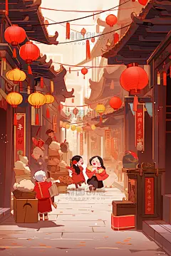 潮国创意新年手绘插画逛集市热闹春节年货节逛街拜年中国风国潮