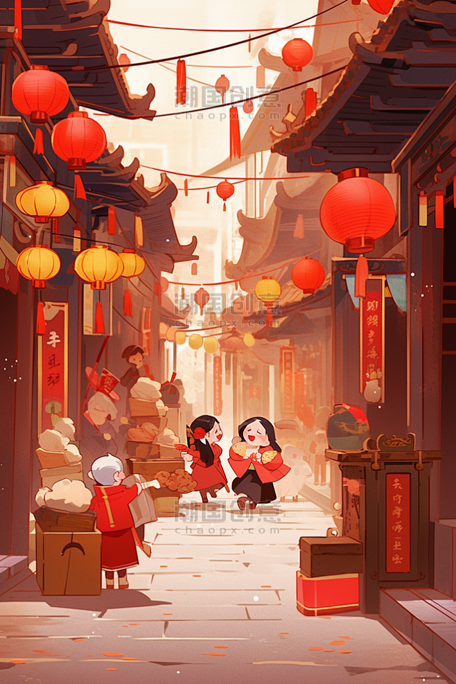 潮国创意新年手绘插画逛集市热闹春节年货节...