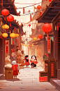 潮国创意新年手绘插画逛集市热闹春节年货节逛街拜年中国风国潮