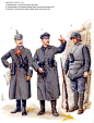 A:西线！1917年
A1:少将，第17步兵师，阿拉斯（Arras），1917年4月
第17步兵师中老资格的第34步兵旅的这名旅长（1915年以后被重新指定为“步兵指挥官”）传统上是一名梅克伦堡-什未林大公国的将官。他穿将官制服，戴龙骑兵的头盔；M1915式将官上衣上带有梅克伦堡-什未林的领章和银色纽扣；M1915式大衣带有深野地灰色领子和红色下翻领以及红色的滚边。他携带望远镜和P08手枪，脖子上挂着金质温德王冠军功十字章。
A2:中士，第22重炮团，康布雷，1917年11月
这名士官炮长戴标准的M191