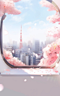 A picture of a city and blossoms with a window, in the style of fairy kei, subtle surface decoration, glossy finish, light white and red, serene and peaceful ambiance, precisionist style, clear and crisp