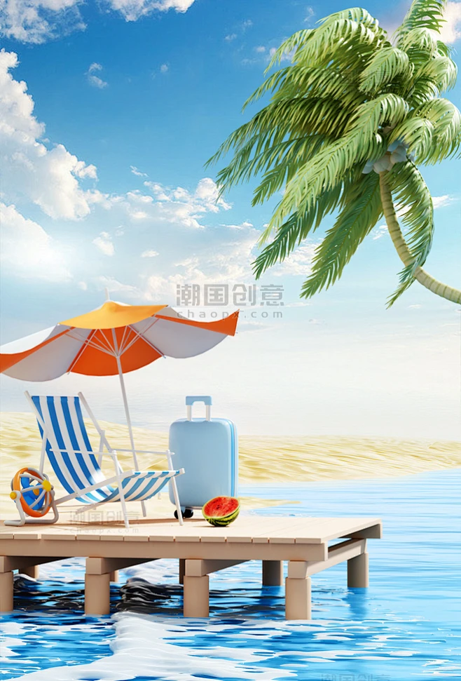 蓝色c4d夏日夏天清凉沙滩场景-花瓣网