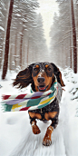 Realistic Photo, In the GLACIAL pine forest the “Dachshund Puppy” with a long colourful scarf is running straight at me, it’s ears are flapping and it’s mouth is open, the GLACIAL snow on the ground is flying everywhere, a snowy happy scene, snowing, GLAC