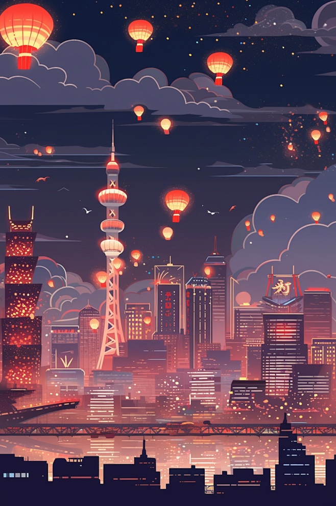 AI数字艺术国庆节建筑漫画扁平风插画-众...
