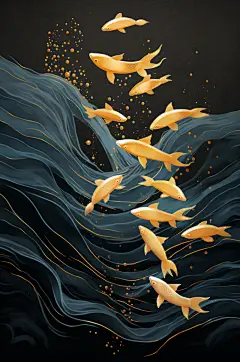AI数字艺术金箔鲤鱼锦鲤装饰画