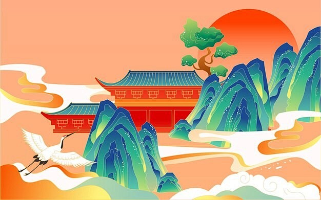 中国风山川建筑国潮风景插画矢量图设计素材