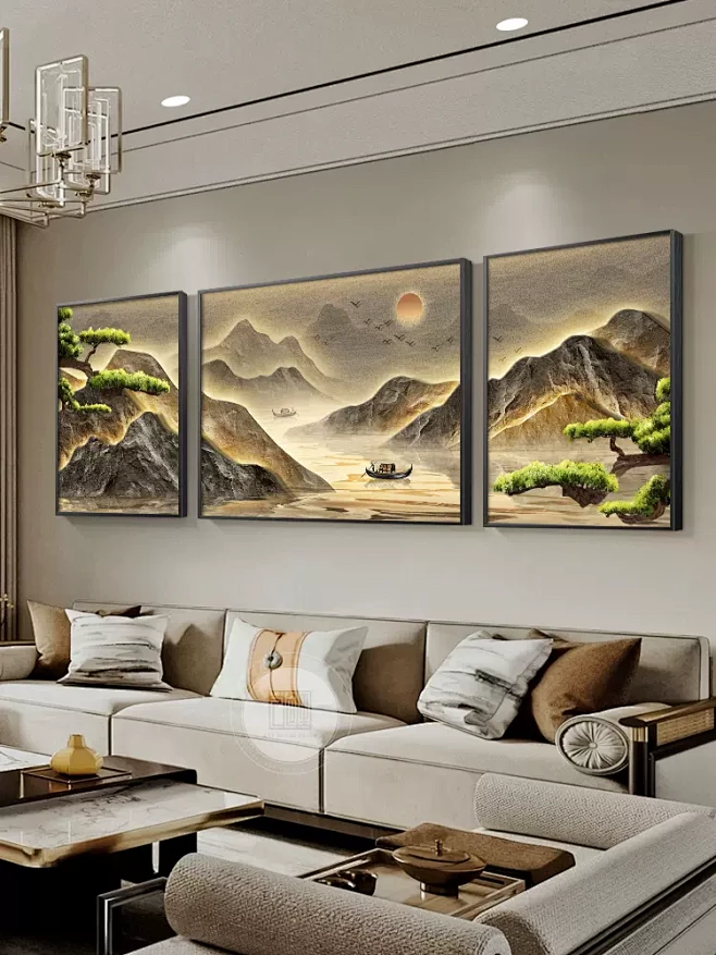 新中式山水画客厅挂画迎客松沙发背景墙装饰画高档大气壁画三联画-tmall.com天猫-花瓣网