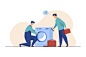 Two repairmen fixing washing machine. handymen, mentor and intern with tools flat illustration Free Vector