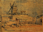 蒙马特公园和磨坊 荷兰 梵高 油画 本画画于1886年夏天。风车、小屋、围墙、草丛、地面及部分天空等均使用了厚涂法。对于当时认识的毕沙罗、莫奈等印象派画家所特有的线条轻快感、肥瘦感, 他多少受到一些影响。在蒙马特画风车的作品, 先后共有9幅, 将这一幅与半年后画的另一幅比较, 后者的笔触较细, 也有分割, 较接近于点彩派。大地的稳重及超现实的开拓, 给他的艺术带来了未曾有过的轻快感。但在这幅画上, 轻快感仍停留在现实的动感中, 尚未成为意念自在的飞翔(有如烟火一般消失于虚空中), 反而让人感到地面的坚固与