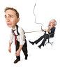 conceptual caricature of caucasian businessman in suit he whips employee pulling him around in chair