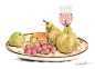 静物水彩画イラスト　お盆のスモモ、ブドウ、洋梨とワイングラス静物水彩画イラスト