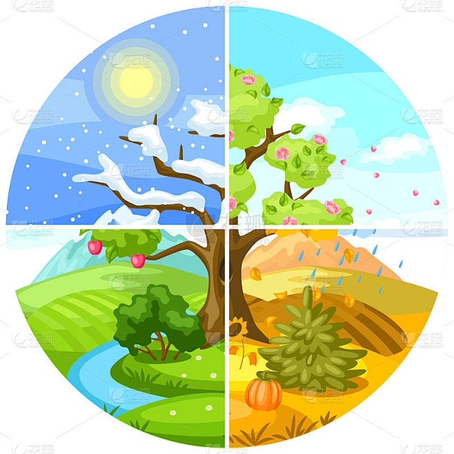 四季的风景。冬天、春天、夏天、秋天用树木、山峦作插图。素材-花瓣网