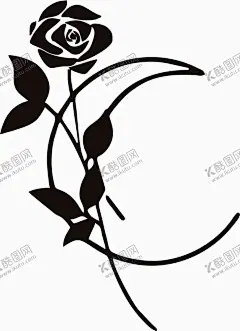 月亮与玫瑰花 logo 【酷图网】月亮与花logo,月亮,花,logo,勾线,花朵,枝叶,花型,黑白,矢量元素