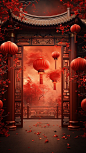 中国新年烟花在红色的背景海报