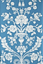 St Antoine (BP 947) - Farrow & Ball Wallpapers - A beautiful french damask creeping floral motif in a pictorial design. Shown here in white on medium blue water based paints - more colours are available. Please request a sample for true colour match