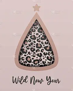 矢量插图的假期圣诞节和2021年贺卡圣诞树与打印皮肤野生动物豹纹猫和文本的框架。邀请企业名片，横幅，