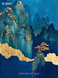 大美国风丨EQMJ AI绘制克莱因蓝鎏金山水画