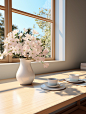 Mpty white table in an office next to a window, in the style of animated gifs, soft tonal transitions, uhd image, soft and dreamy