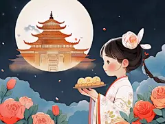 中秋节嫦娥月下嫦娥手捧月饼插图卡通唯美手绘可爱古风插画壁纸