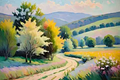 风景公园景色绘画油画插画图片