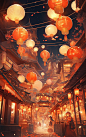 灯笼下的古风建筑街道素材图片