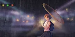 雨水唯美城市街道夜景少女手绘插画海报雨水春天春分春节气
