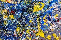 抽象expressonism。画面采用滴画技法。混合不同的颜色红，黄，蓝，白，黑。水平方向。