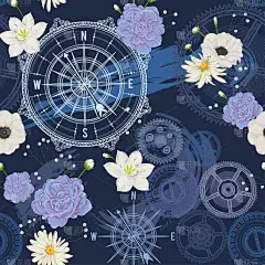 无缝的模式与复古罗盘, 风玫瑰, 齿轮, 画笔笔触和花朵。旅行, 冒险和发现。航海背景。向量例证 