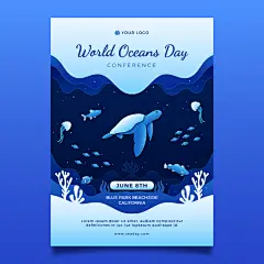 世界海洋日保护动物海龟海豚水母鱼剪纸风插画公益海报Ai设计素材-淘宝网